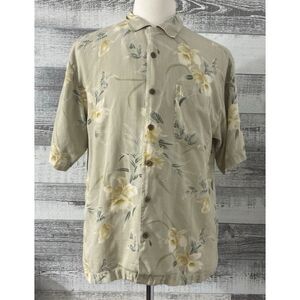 Tommy Bahama Shirt Men's M Beige Flower Hawaiian Button Down 100% Silk Beach